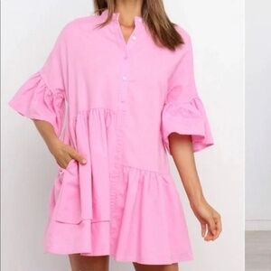 EUC Petal & Pup Sharlett Pink Linen Blend Ruffle Tiered Shirt Dress US Size 6
